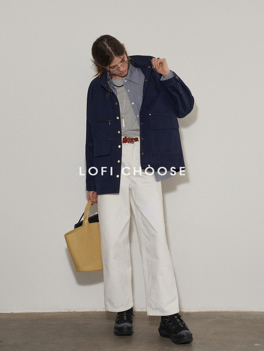 Lofi choose Flattering Plaid Minimal Collared Loose Long Sleeve Button Women Blue Shirts