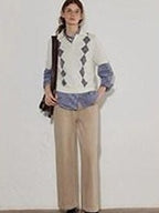 Lofi choose Cozy Argyle Polo Short Sleeve Loose Fit Vintage Knitwear Women Sweaters