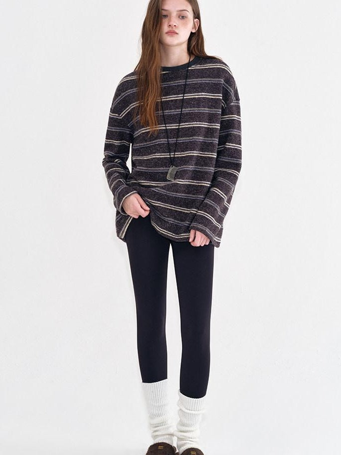 fano Acrylic Knit Striped Crew Neck Oversized Casual Women Long Sleeve T-Shirts