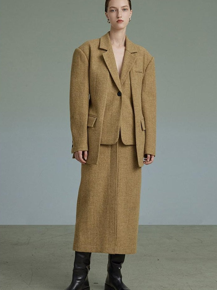 unspoken Wool Single Button Notched Lapel Loose Fit Rice Yellow Young Women Blazers