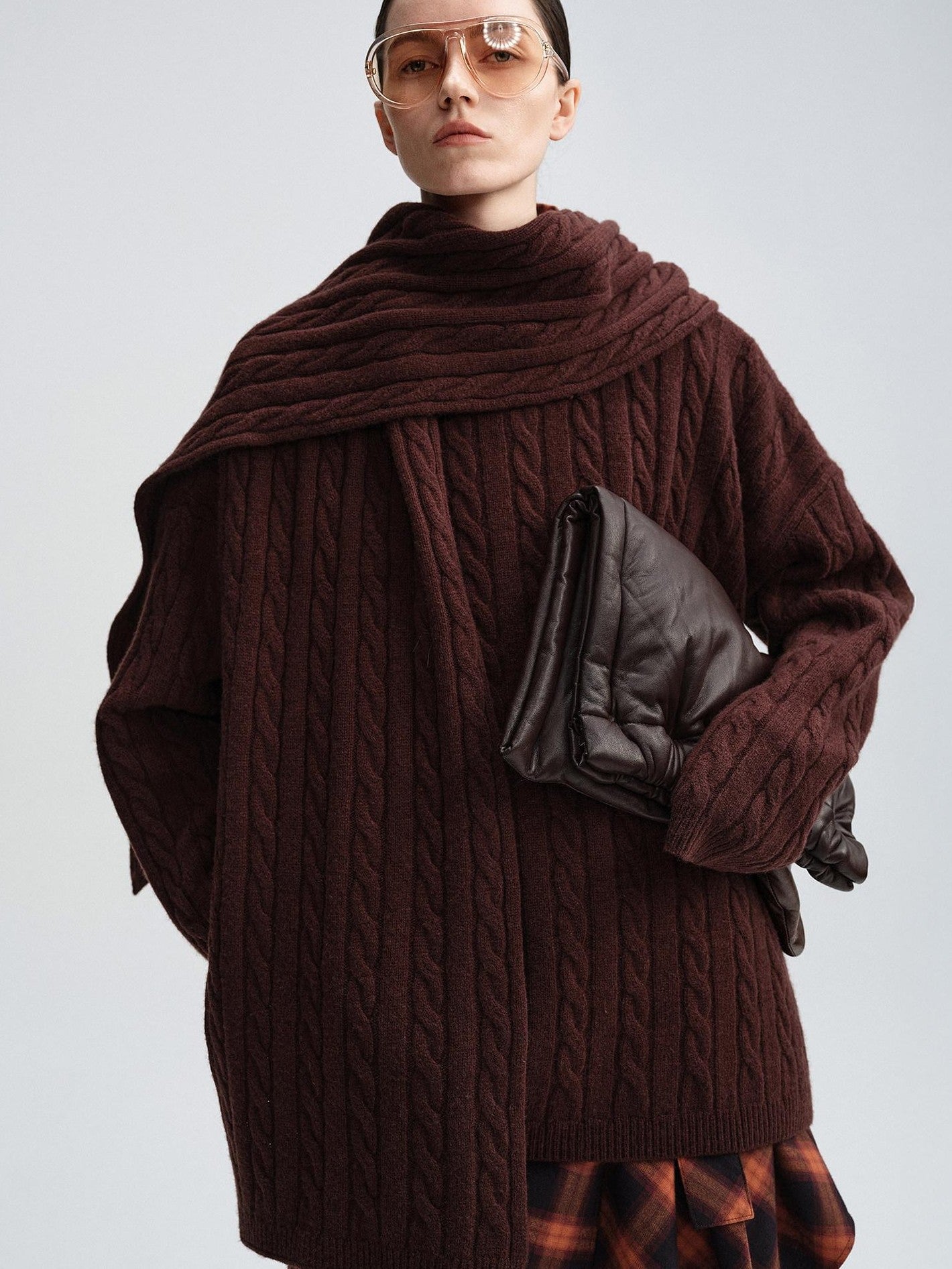 audreyyang 100 Percent Sheepswool Thick Vintage Loose Built In Scarf Women Knit Sweaters