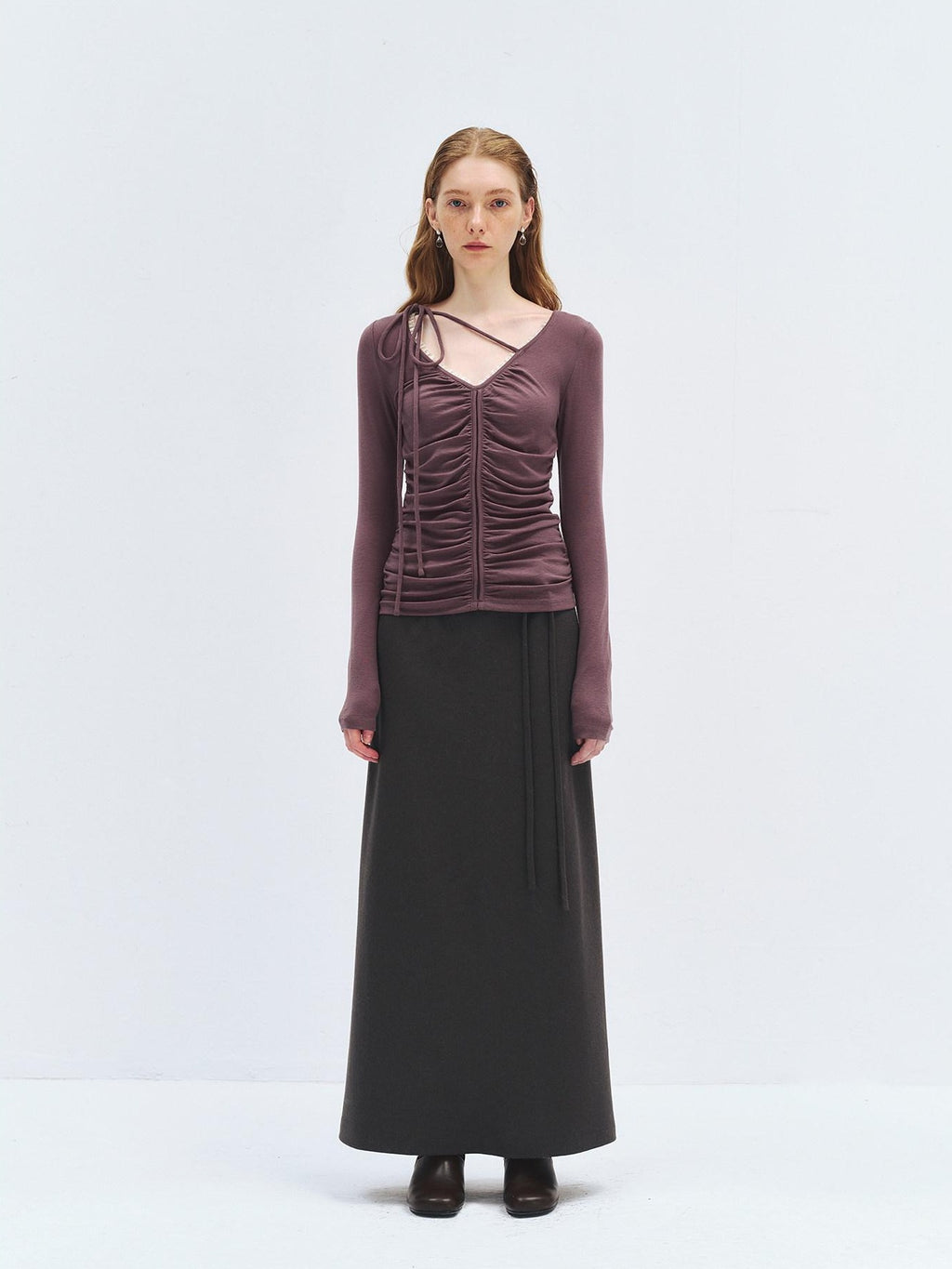 someonesometimes Lyocell Wool Slim Fit V-neck Knit Women Fig Purple Long Sleeve T-Shirts