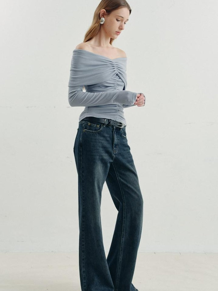 someonesometimes Vintage Washed Low Rise Distressed Denim Stretch Women Deep Indigo Flared Jeans