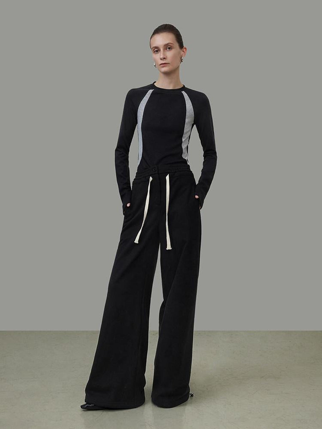 unspoken High Waist Drawstring Pockets Minimalist Workwear For Women Black Wide Leg Pants
