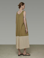 unspoken Khaki Beige Colorblock Sleeveless H Line Round Neck Loose Waist Maxi Dresses