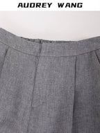 audreyyang Comfortable Pleated Natural Waist Women Polyester Zip Fly Wide Leg Pants