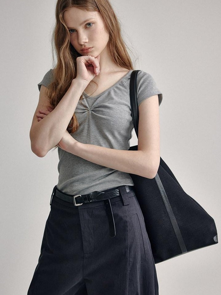 fano V-neck Drawstring Cotton Blend Minimal Straight Women Short Sleeve T-Shirts