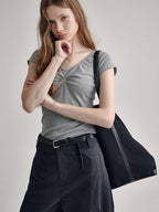 fano V-neck Drawstring Cotton Blend Minimal Straight Women Short Sleeve T-Shirts