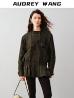 audreyyang Drawstring Techwear Loose Fit Womens Long Sleeve Button Cropped Jackets