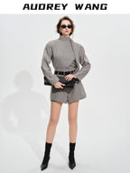 audreyyang Non Deforming Loose Plaid High Neck Long Sleeve Women Grey Top & Shorts Sets
