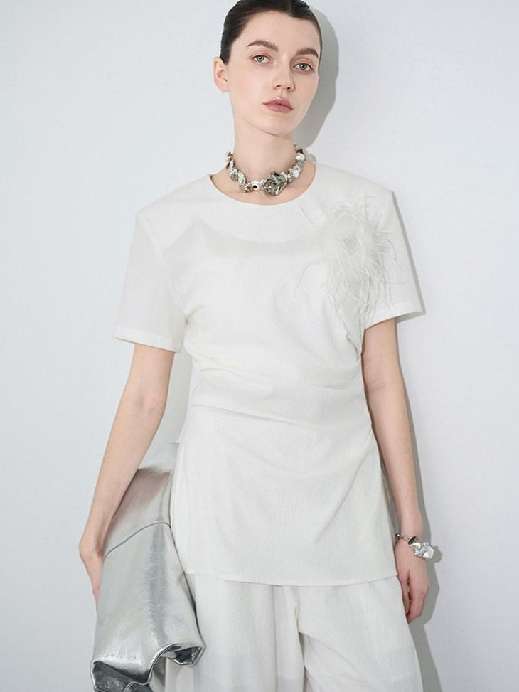 audreyyang Embroidered Slim Fit Office White Crew Neck Women Polyester Short Sleeve T-Shirts