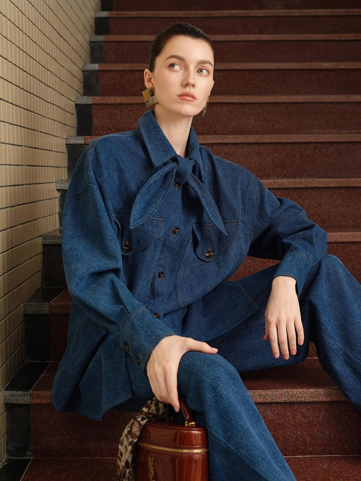 audreyyang Vintage Bow Loose Fit Cotton Lapel Patch Pocket Casual Women Denim Jackets