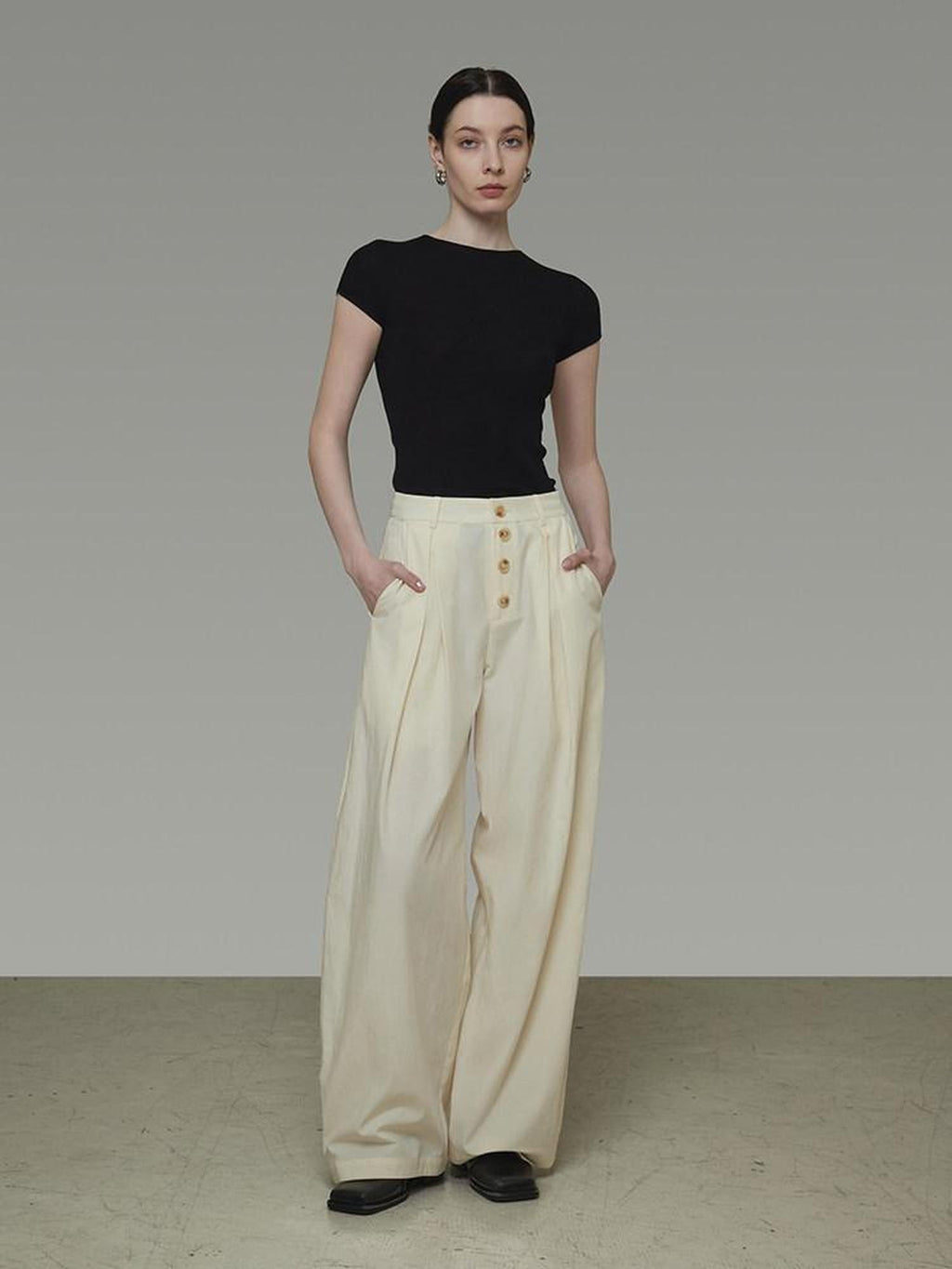 unspoken High Waist Lyocell Blend Pleated Button Minimal Workwear Wide Leg Pants