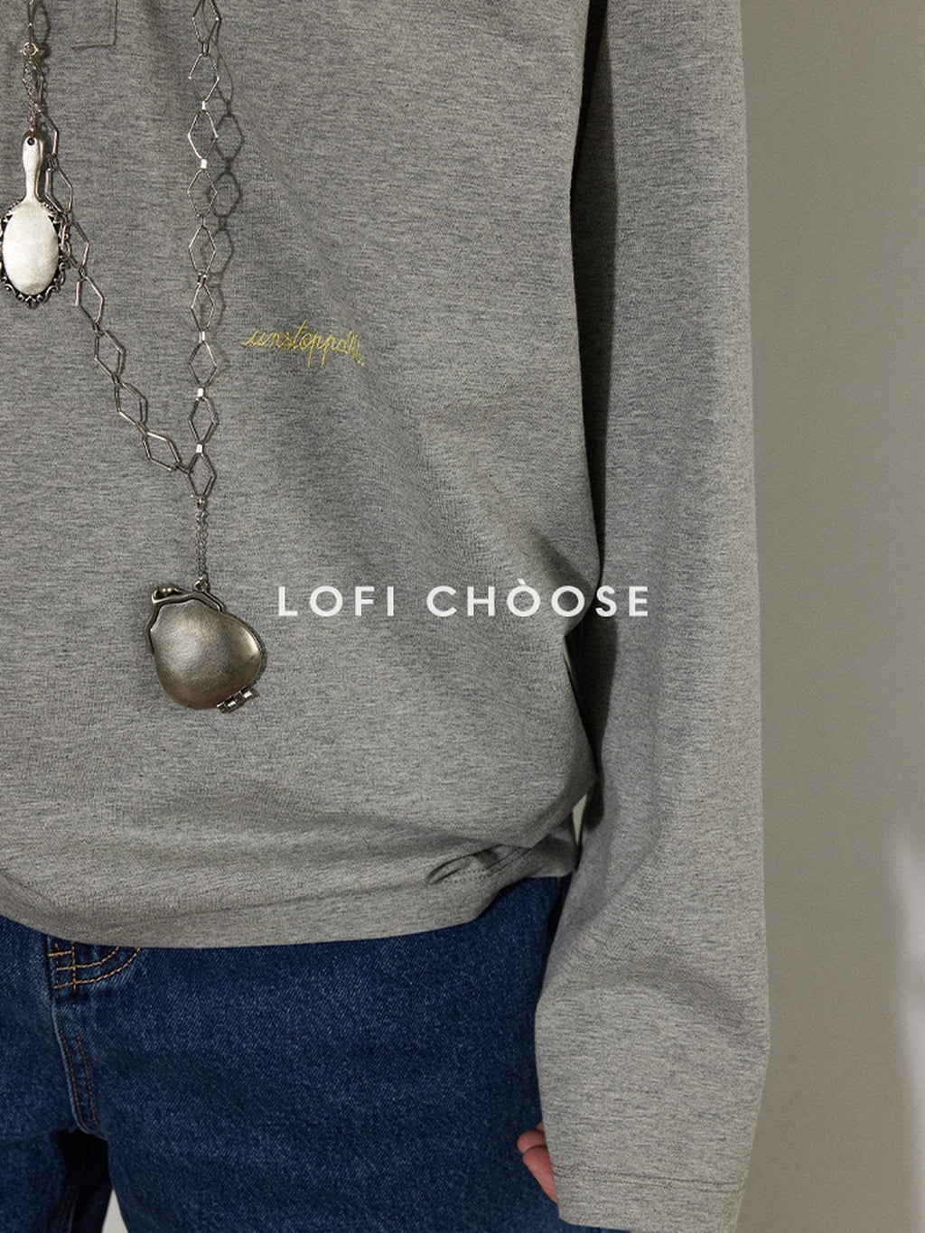 Lofi choose Cozy Loose Fit V-neck Hooded Commuter Style Women Green Gray Hoodie