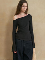 someonesometimes Colorblock Charcoal Pink Asymmetrical Knit Loose Viscose Off Shoulder Crop Tops