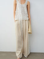 audreyyang Elegant Lace Natural Waist Office Loose Womens White Linen Blend Wide Leg Pants