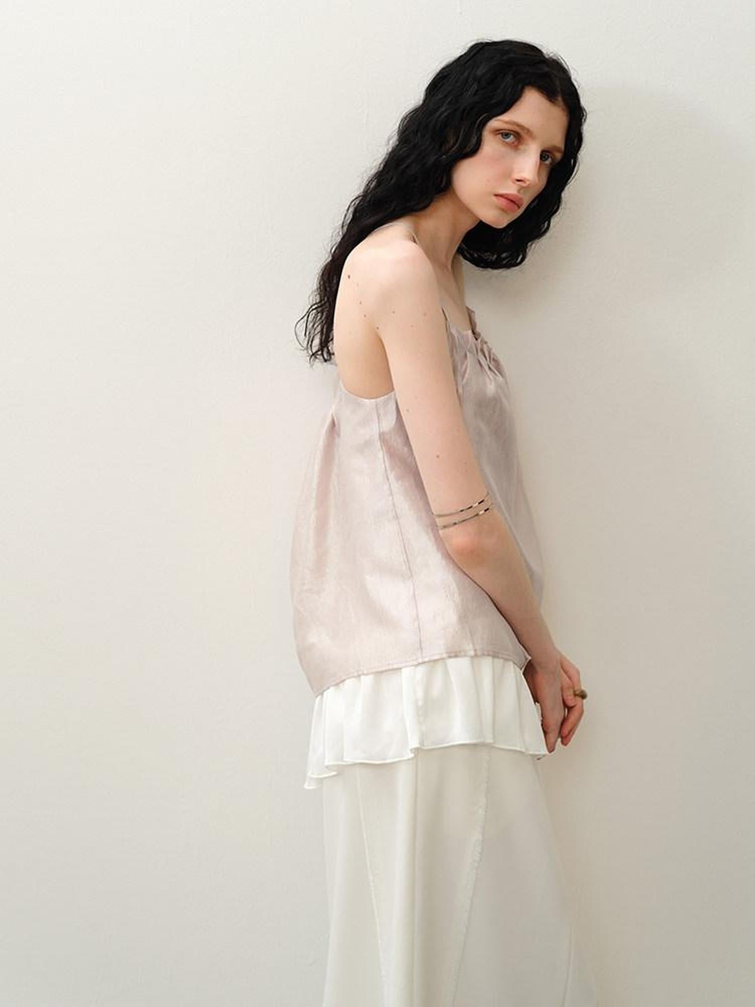 someone sometimes Original Design Ruffle Trim Loose Fit Lyocell Blend Women Solid Color Camisoles