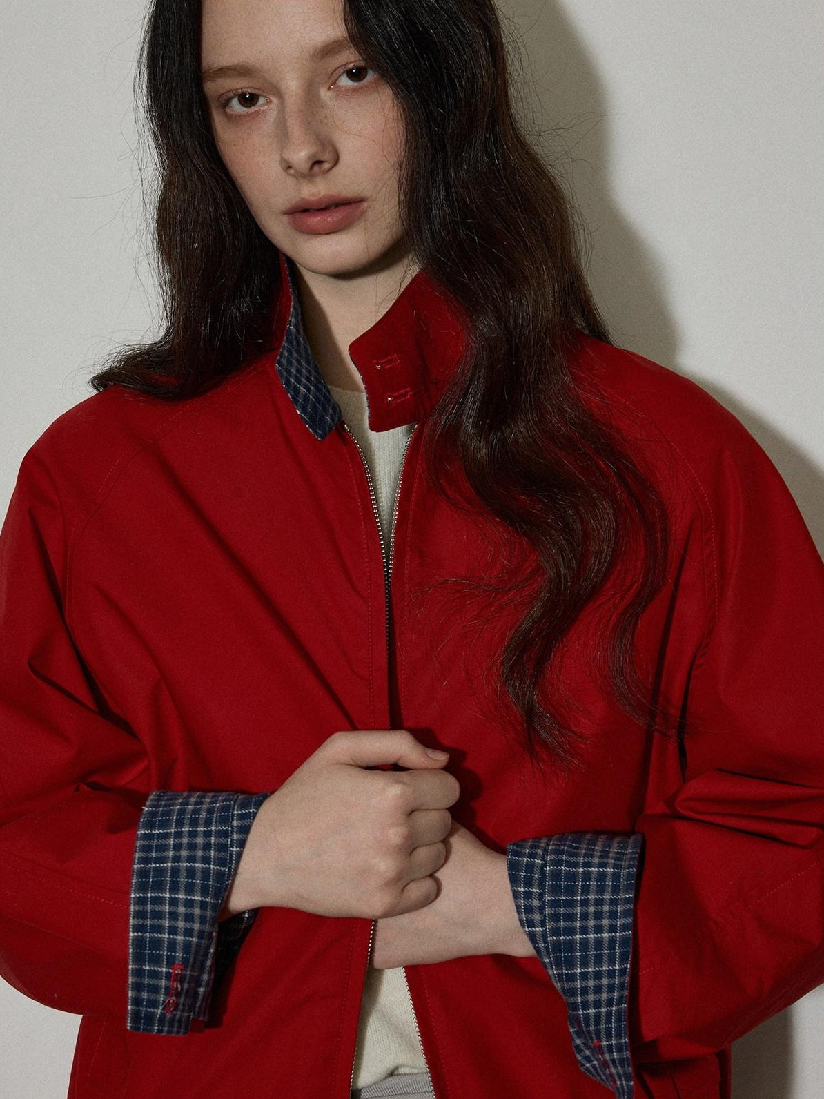 Lofi choose Pure Cotton Office Loose Raglan Zipper Plaid Women Khaki Cropped Jackets