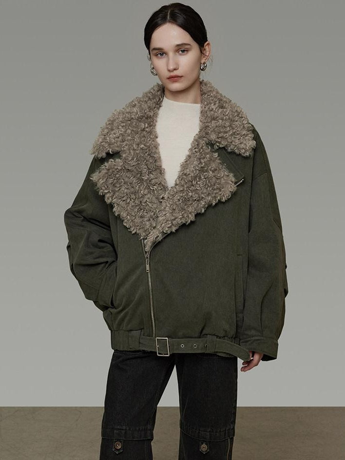 unspoken Thick Cotton Loose Fit Patchwork Commuter Zipper Dark Green Puffer Jackets