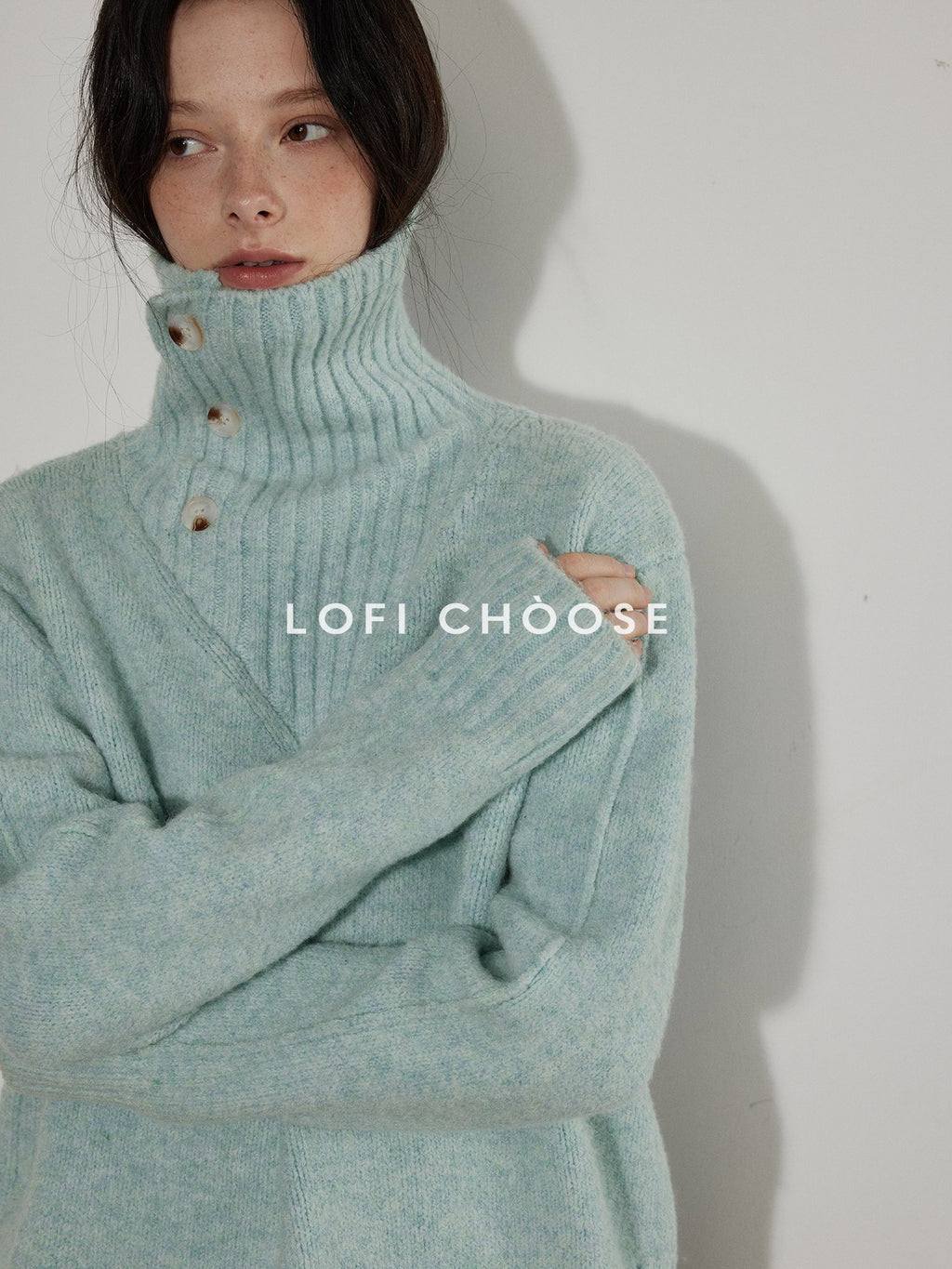 Lofi choose Cozy High Neck Loose Fit Commuter Knit Pullover Blue Polyester Sweaters