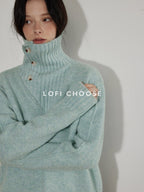 Lofi choose Cozy High Neck Loose Fit Commuter Knit Pullover Blue Polyester Sweaters