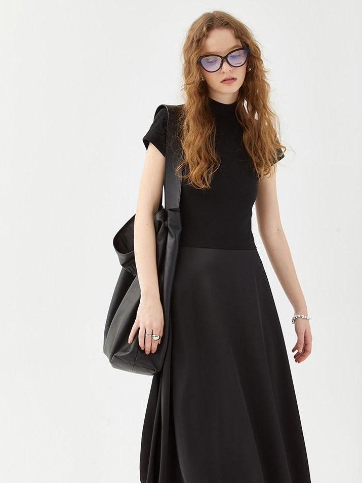 fano High Waist Minimalist Office A Line Short Sleeve Mock Neck Black Midi Dresses