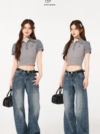 ikyou Durable Distressed Washed Blue Relaxed Natural Waist Rigid Denim Wide Leg Jeans