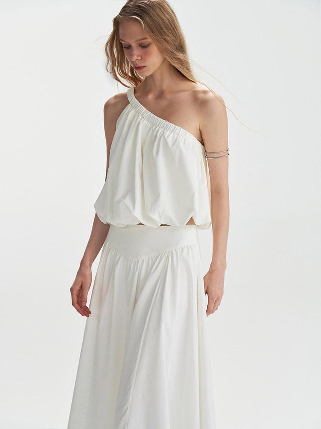 someone sometimes Soft Cotton One Shoulder Crop Ages 18 25 Milk White Matching Top & Skirt Sets