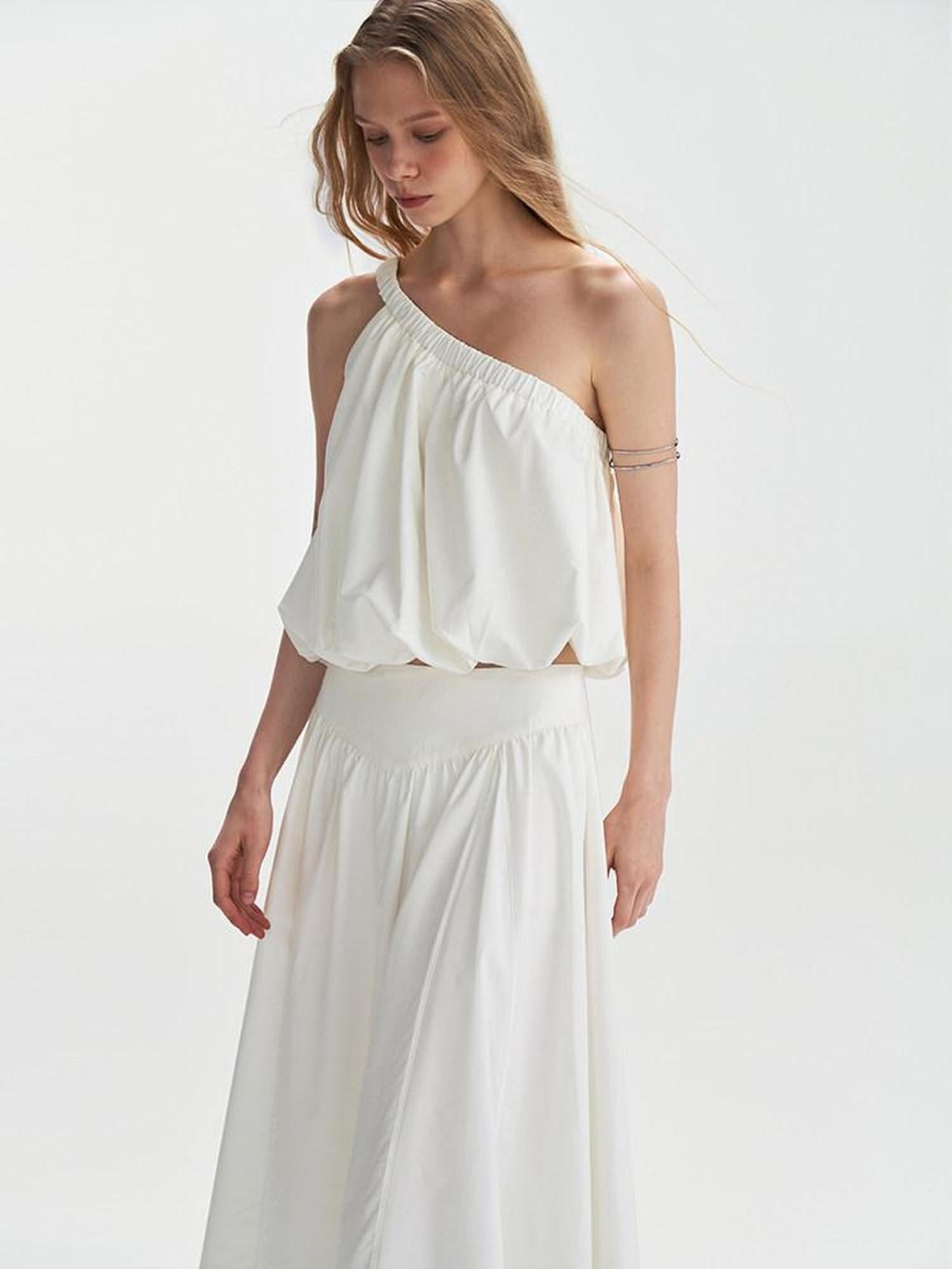 someone sometimes Soft Cotton One Shoulder Crop Ages 18 25 Milk White Matching Top & Skirt Sets
