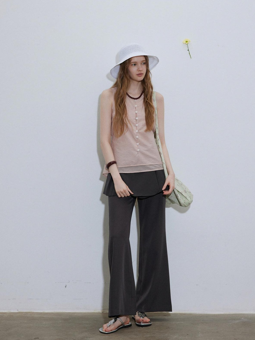 Lofi choose Button Front Loose Workwear Sleeveless Charcoal Off Shoulder Crop Tops