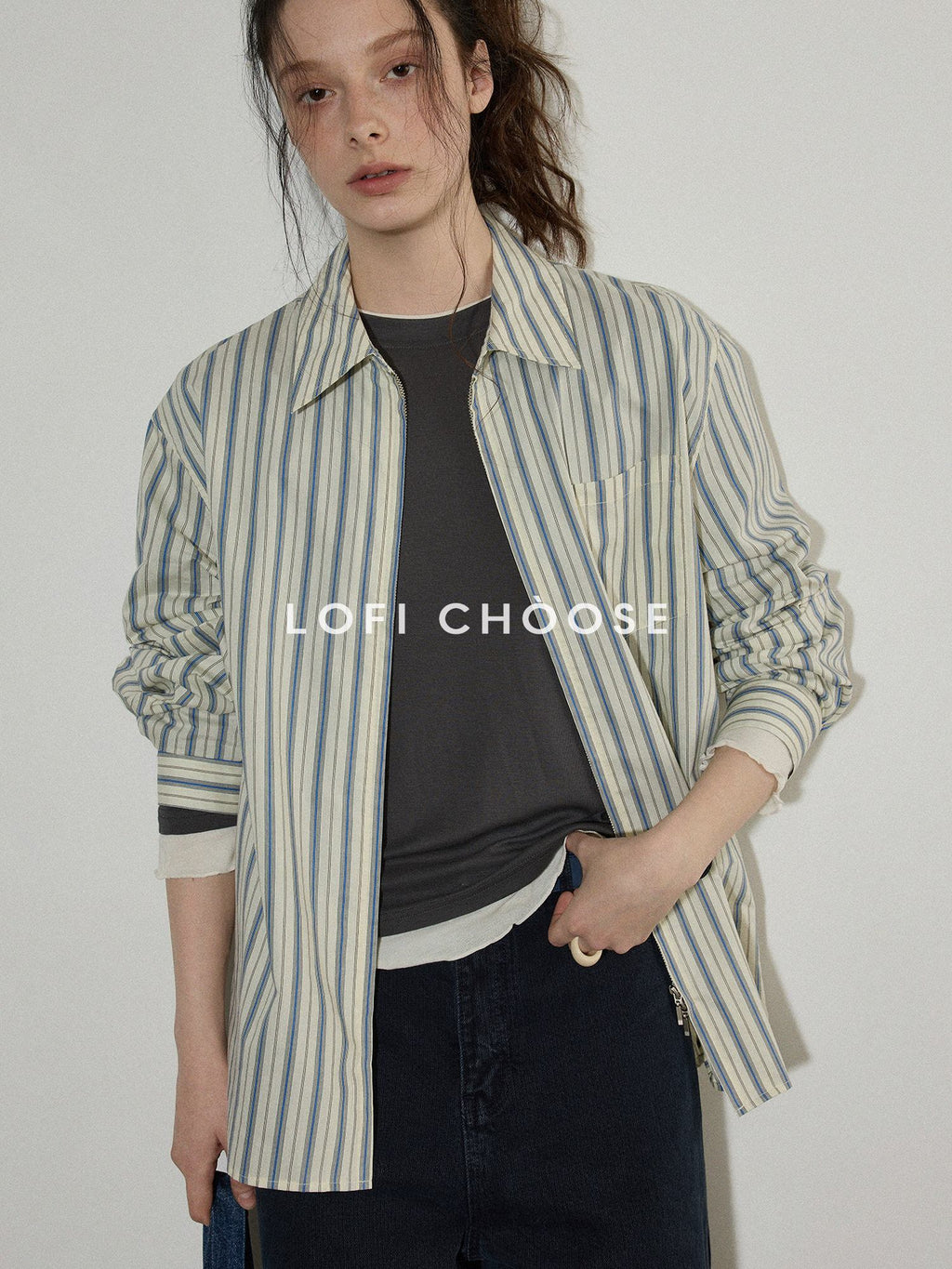 Lofi choose Cotton Blend Colorblock Loose Fit Striped Lapel Zip Women Work Shirts
