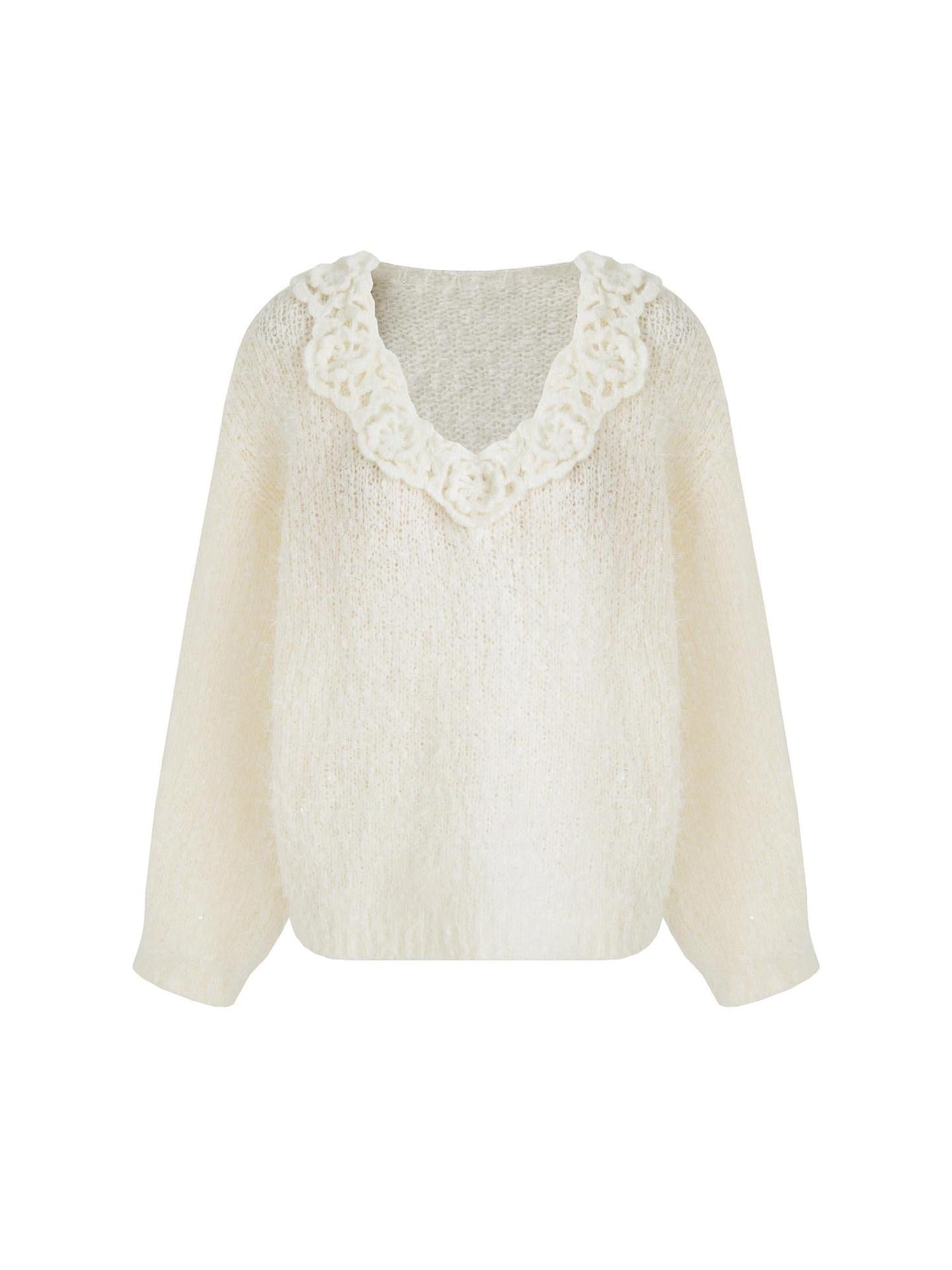 unspoken Cozy Minimal Commuter V-neck Crochet Knit Loose Women Pullover Sweaters