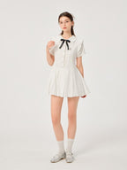 ikyou Pure Cotton Cinched Waist Minimal A Line Short Sleeve White Women Midi Dresses