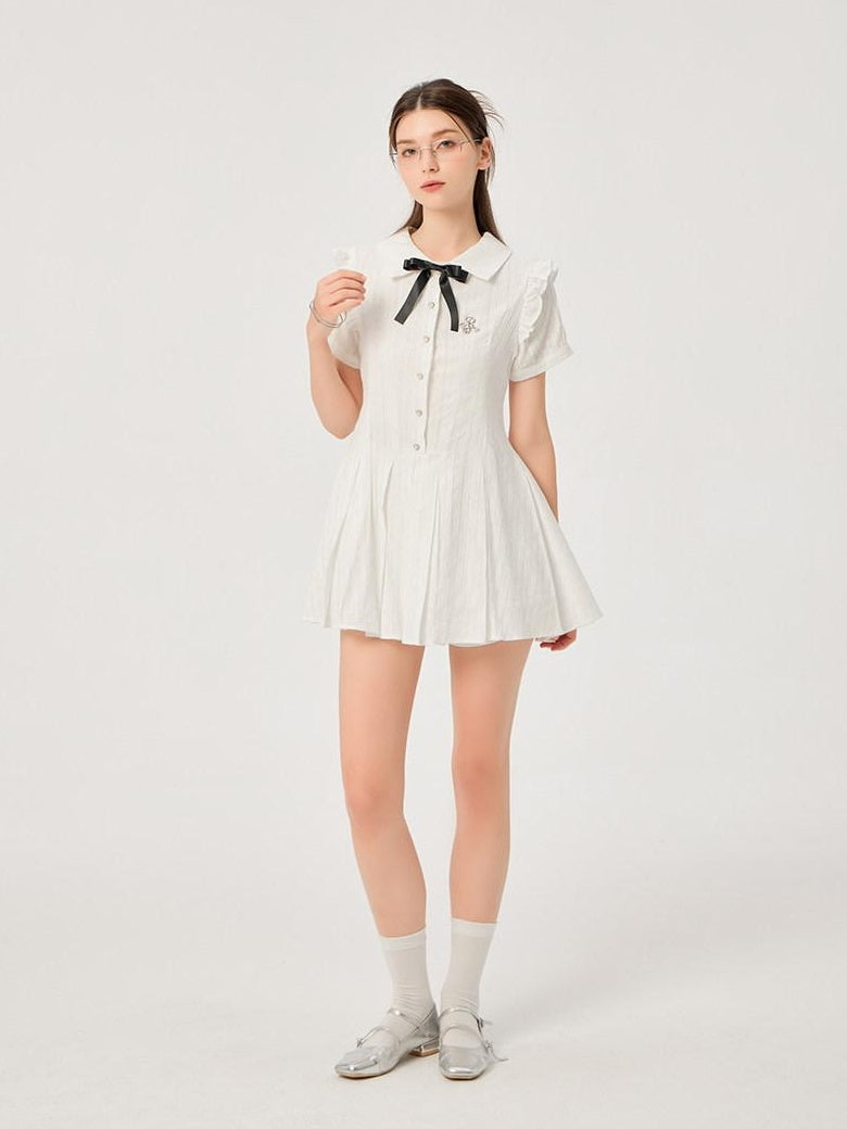 ikyou Pure Cotton Cinched Waist Minimal A Line Short Sleeve White Women Midi Dresses