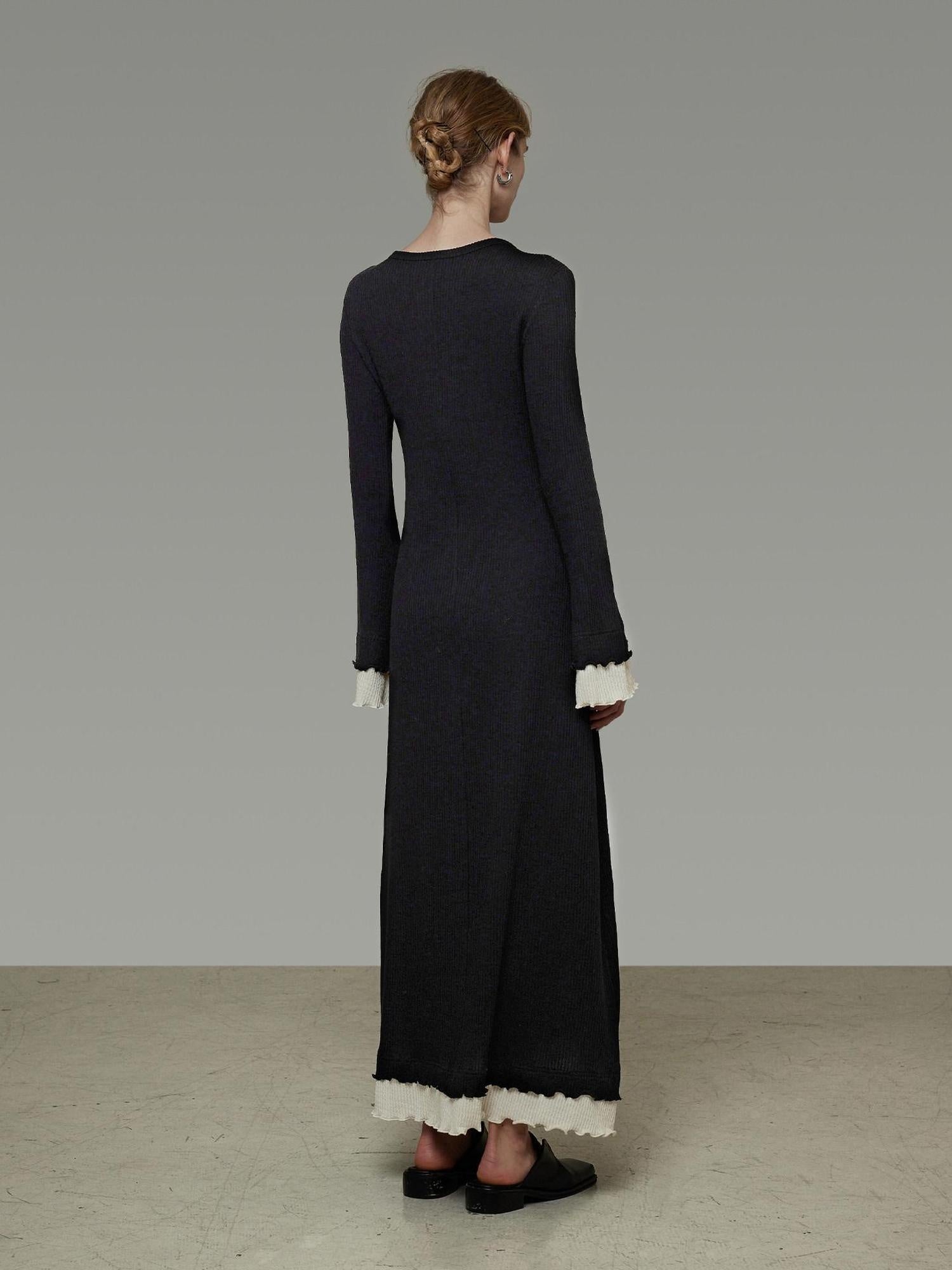 unspoken Slim Waist Colorblock Aline Knit Bell Sleeve Office Women Breathable Maxi Dresses