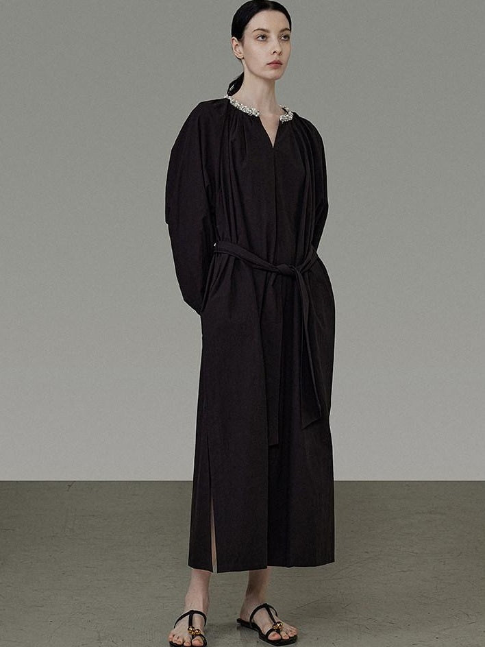 unspoken Cotton Loose Waist Minimalist V-neck Long Sleeve Casual Black Maxi Dresses