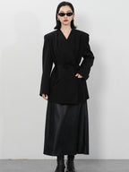 audreyyang Pleated Structured Loose Fit Double Breasted Mid Length Women Office Blazers