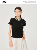 ikyou Durable Cotton Blend Slim Fit Short Sleeve Crewneck Women Black Basic Crop Tops
