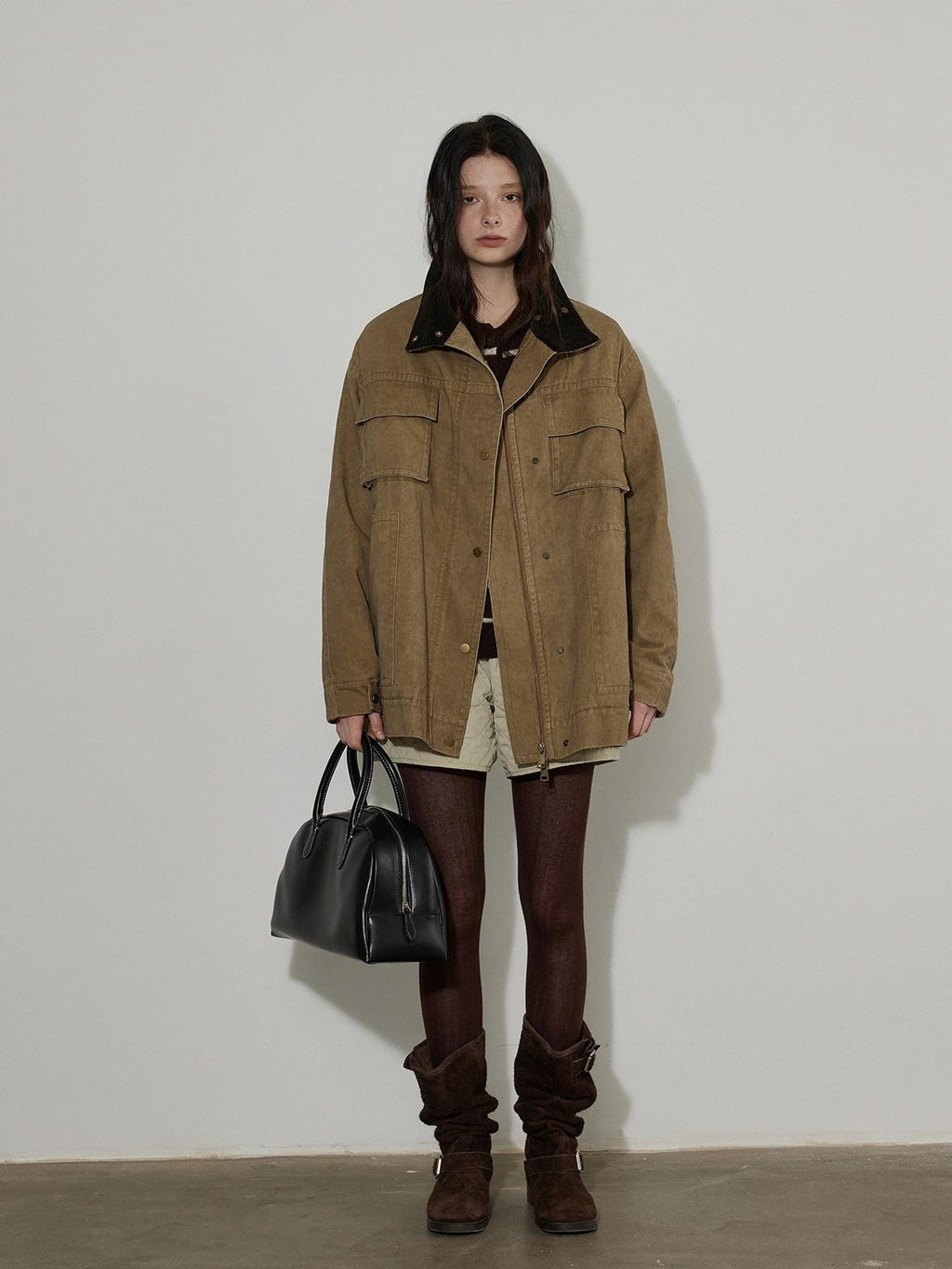 Lofi choose Warm Insulated Oversized Commuter Stand Collar Sand Brown Zip Puffer Jackets
