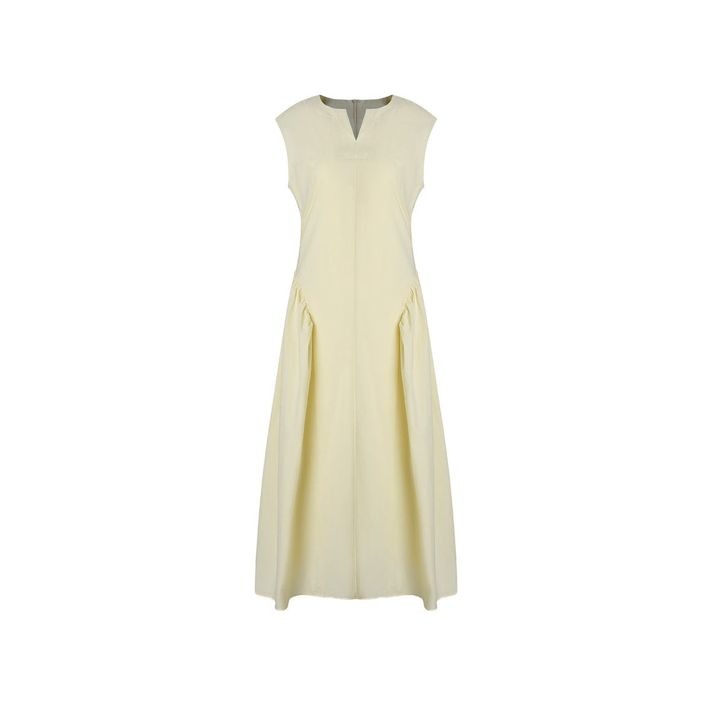 fano_Pure_Cotton_Minimalist_V-neck_Sleeveless_A_Line_Casual_Women_Yellow_Maxi_Dresses_MISSTT