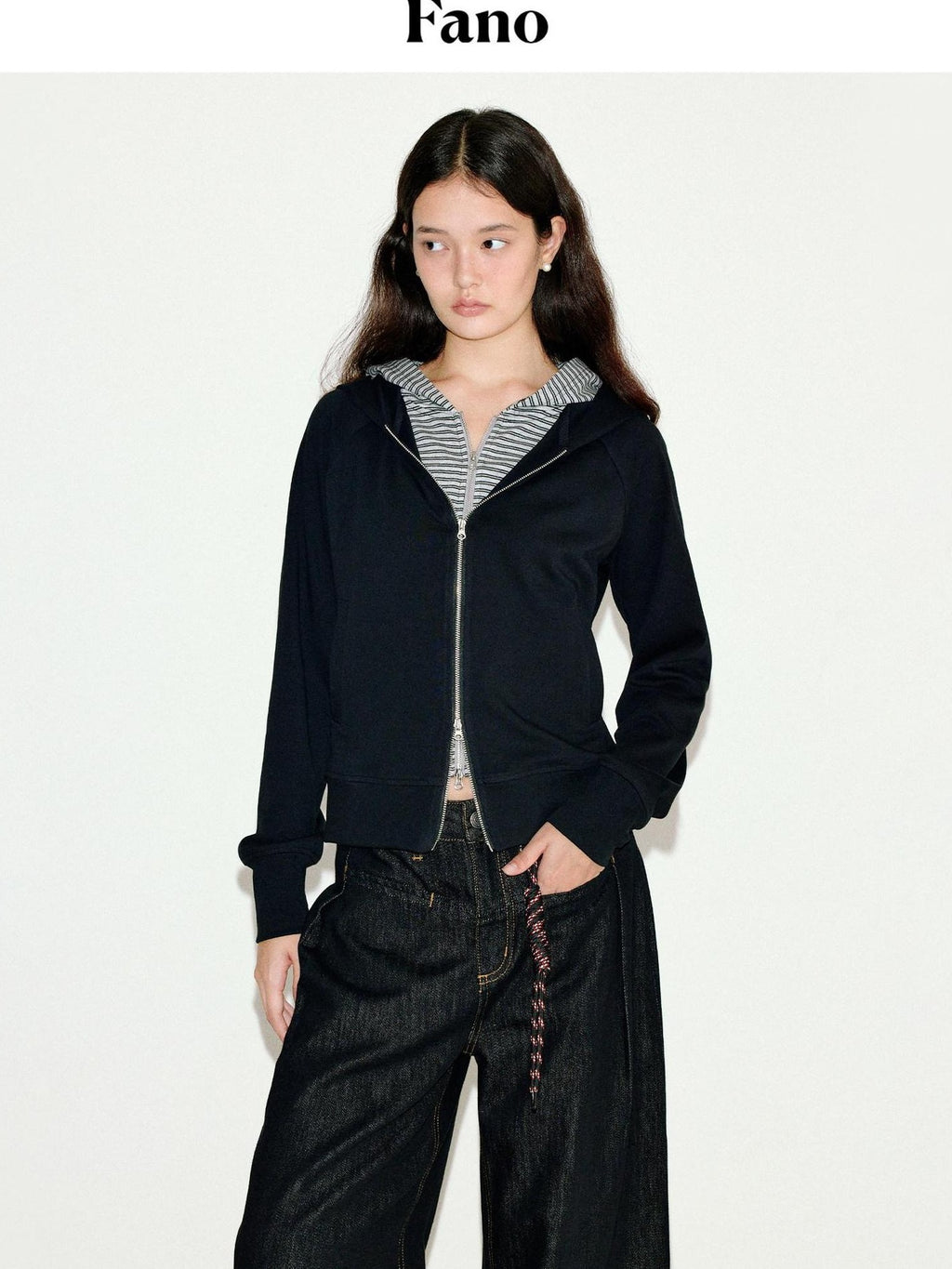 fano Striped Faux Two Piece Loose Fit Commuter Women Black Cotton Blend Hoodie