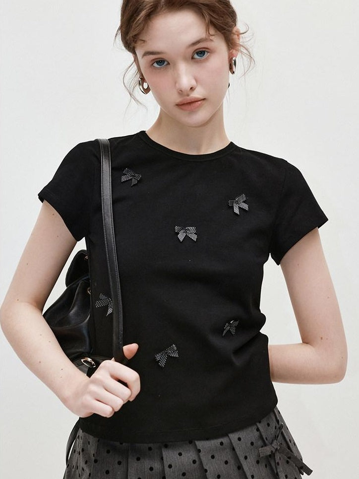 fano Soft Cotton Spandex Korean Patchwork Slim Womens Bow Neck Short Sleeve T-Shirts