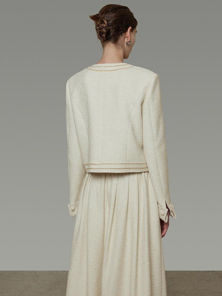 unspoken Cropped V-neck Blazer Tailored Slim High Waist Cotton Office Top & Skirt Sets