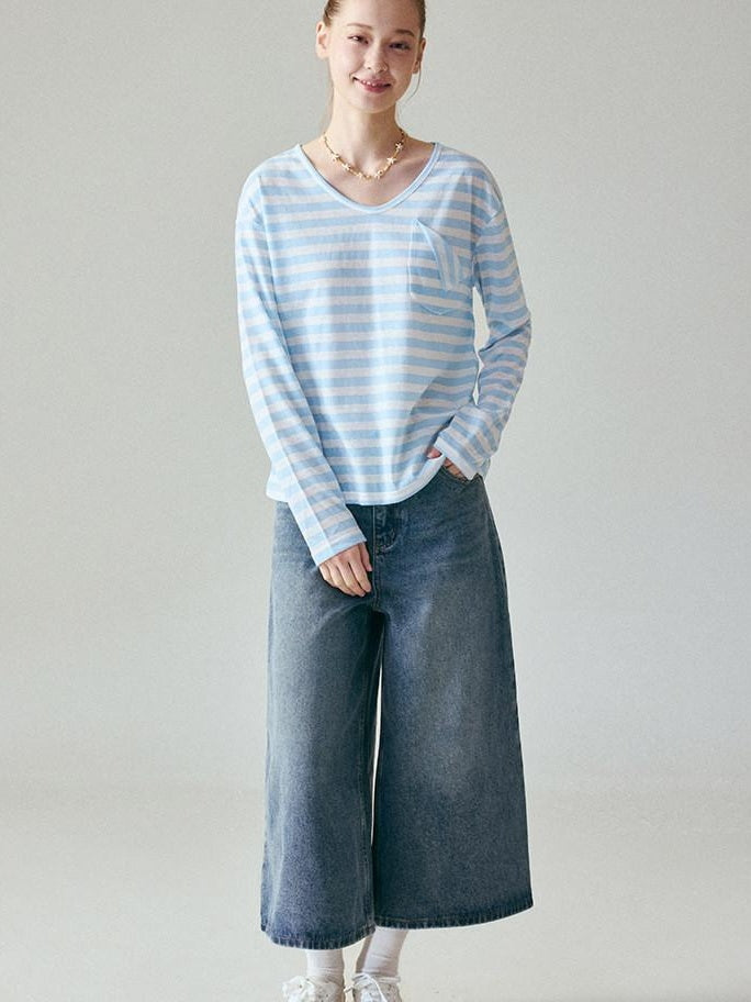 fano Natural Waist Loose Fit Ankle Crop Denim Casual Blue Youth Straight Leg Jeans