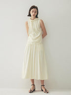 someone sometimes Original Slim Tie Detail Stand Collar Sleeveless Cream Pullover Top & Skirt Sets