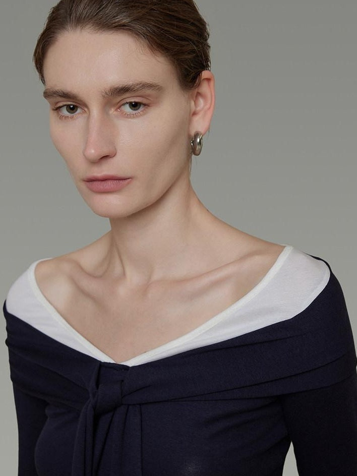 unspoken Slim Colorblock One Shoulder V-neck Casual Knitted Pullover Women Blouses