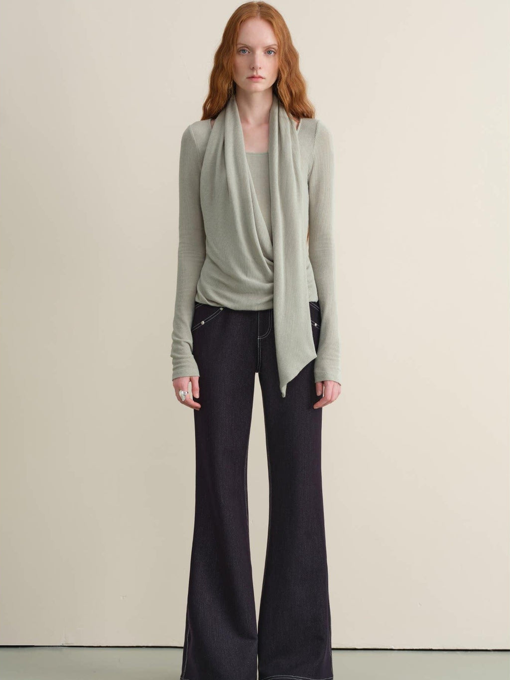 someone sometimes Stretch Minimal Natural Waist Topstitch Detail Women Midnight Blue Flared Jeans