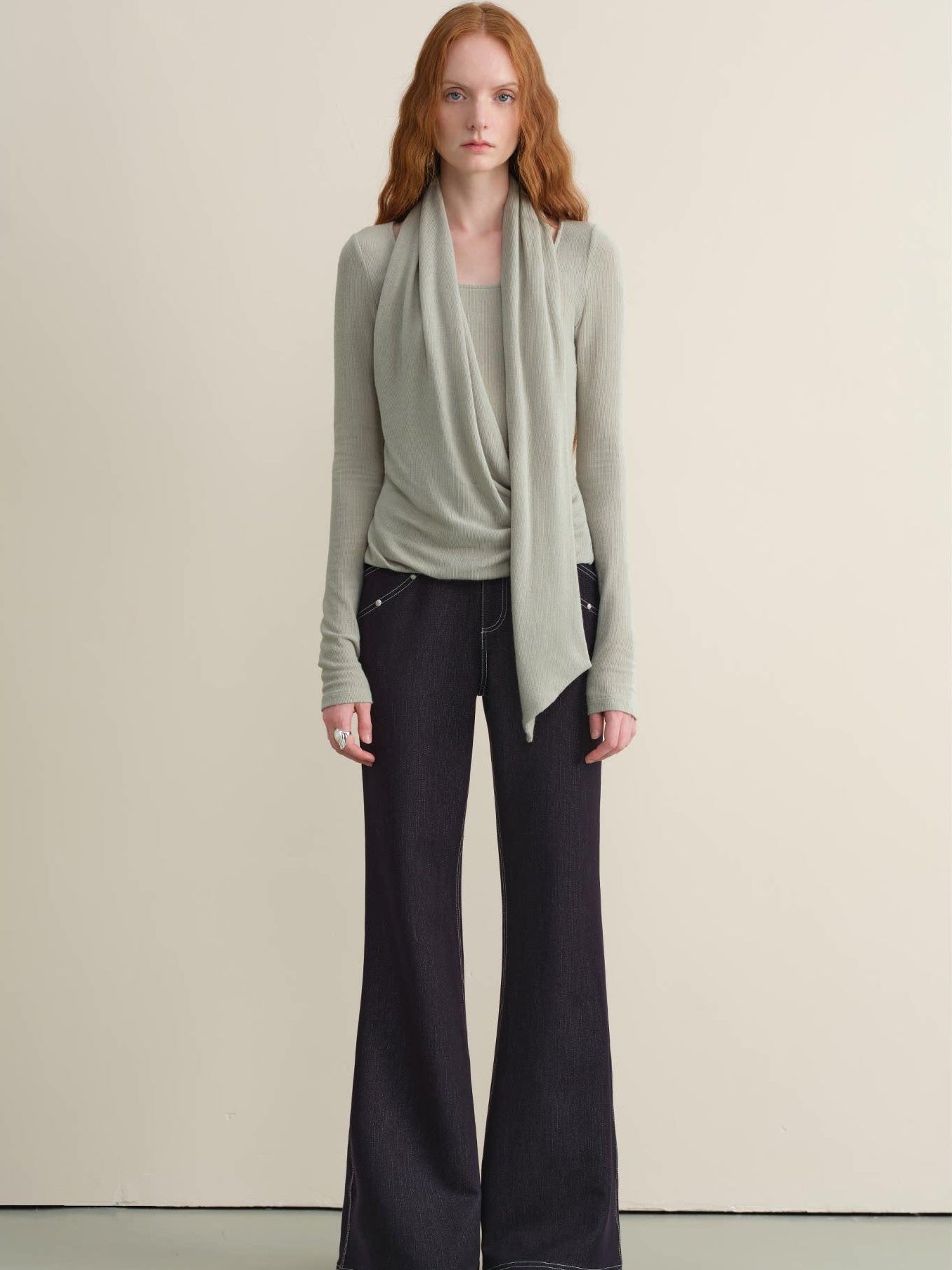someone sometimes Stretch Minimal Natural Waist Topstitch Detail Women Midnight Blue Flared Jeans