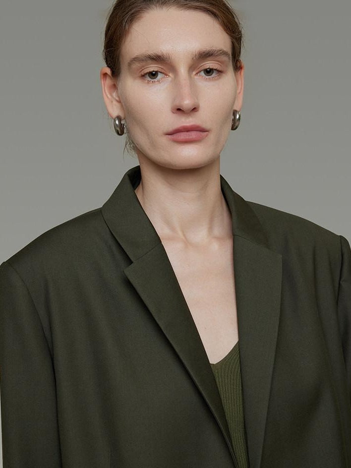 unspoken Breathable Dark Green Loose Lapel Blazer High Waist Casual Top & Skirt Sets