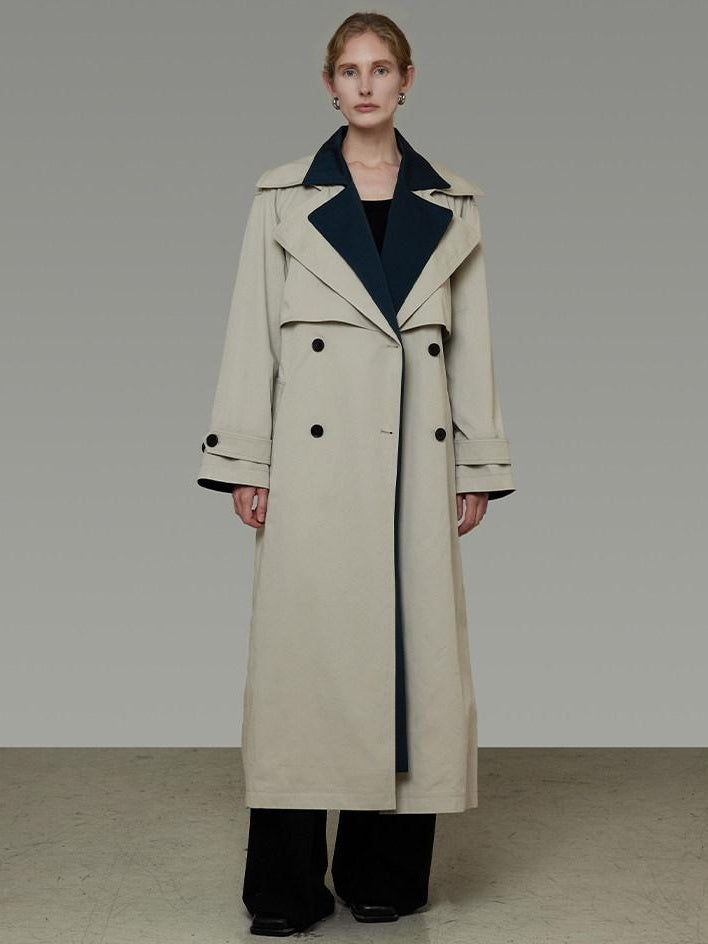 unspoken Minimalist Double Breasted Long Straight Workwear Beige Navy Trench Coats